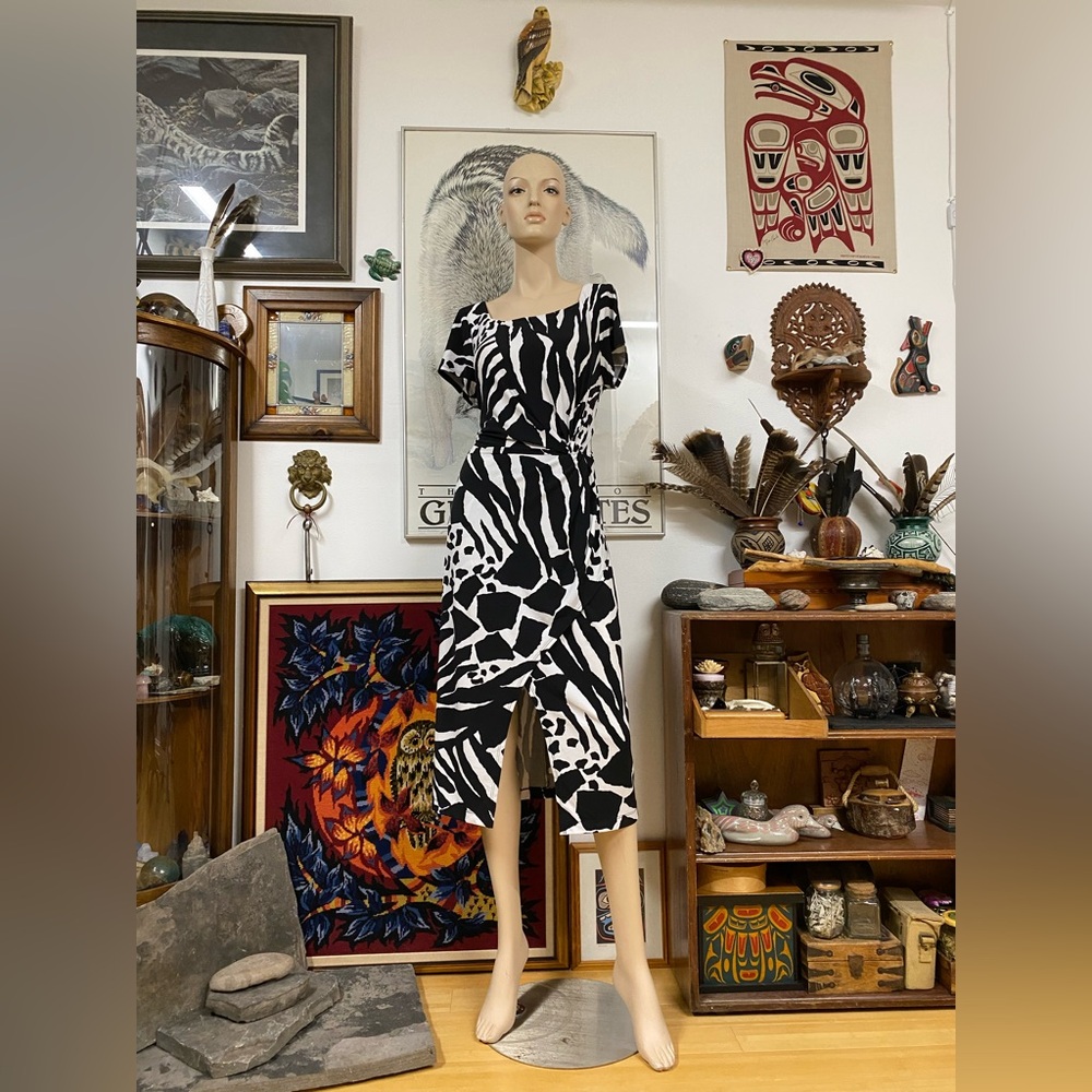 Black & White Animal Print Asymmetrical Midi Dress